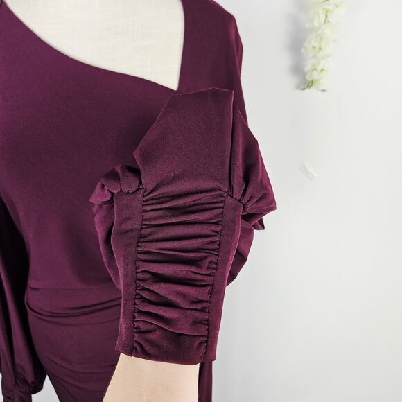 David Meister Size 6 Plum Cocktail Dress Ruched Midi Dress Beaded Elegant Party - Picture 8 of 15